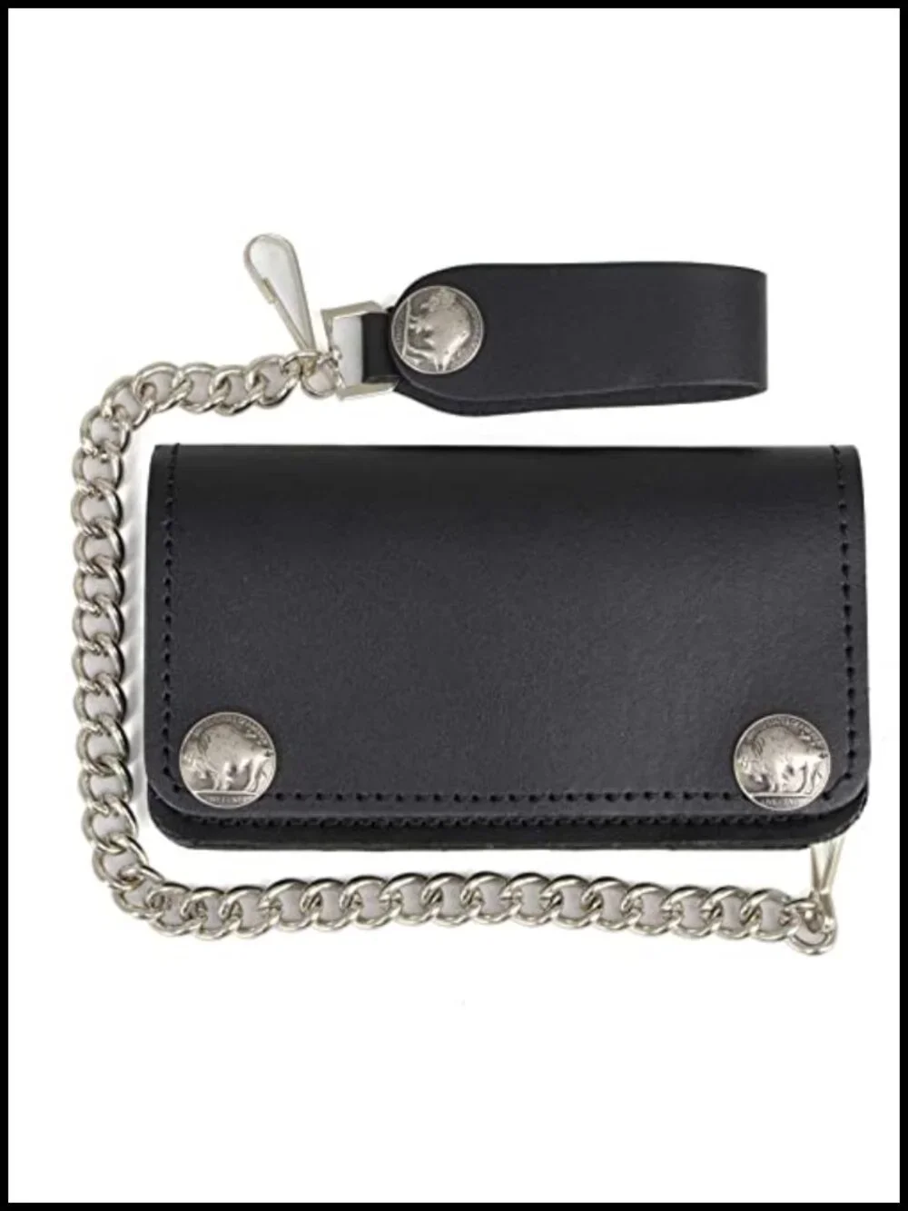 Men's Full-Grain Leather Long Bifold Biker Wallet with Stainless Steel Chain